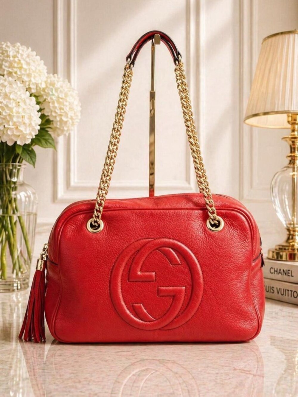 Authentic Gucci Soho Chain Shoulder Bag Red Leather GG Logo Crossbody Bag
